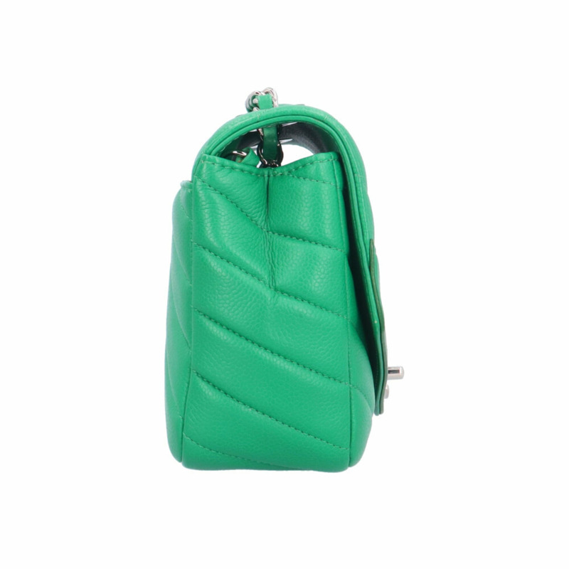 香奈兒V形縫線肩背包，皮革，綠色，女士，二手香奈兒鏈條-3