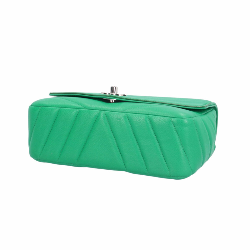 香奈兒V形縫線肩背包，皮革，綠色，女士，二手香奈兒鏈條-4