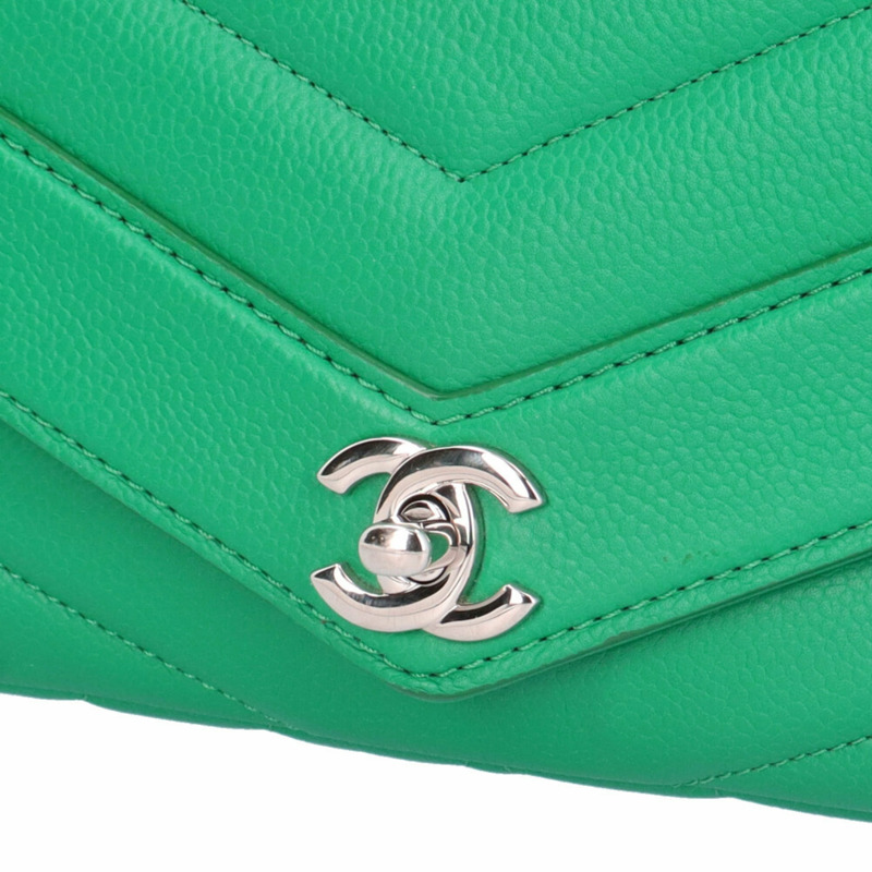 香奈兒V形縫線肩背包，皮革，綠色，女士，二手香奈兒鏈條-7