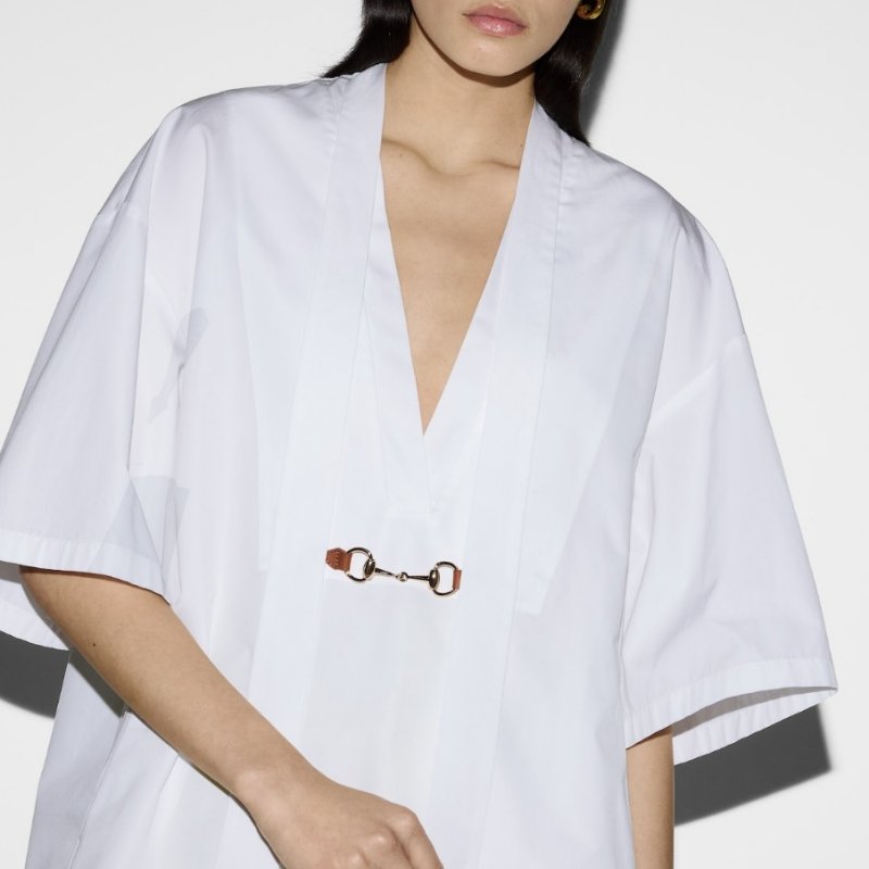 ::GUCCI:: 設計感 白色馬銜釦造型 新款開襟襯衫 造型襯衫 男女皆可-0