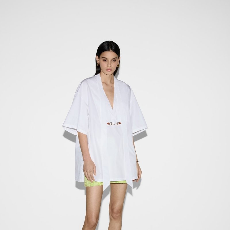 ::GUCCI:: 設計感 白色馬銜釦造型 新款開襟襯衫 造型襯衫 男女皆可-1