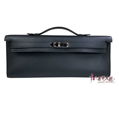＊奢華大道國際精品＊【H0388】HERMES黑色 SWIFT牛皮 KELLY CUT 銀釦手提/晚宴包-0