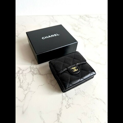 【LA LUNE】中古Chanel雙面黑金色魚子醬皮革短夾 皮夾 錢包 中夾 二手古董包