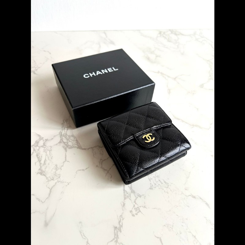 【LA LUNE】中古Chanel雙面黑金色魚子醬皮革短夾 皮夾 錢包 中夾 二手古董包-0