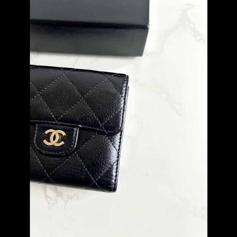 【LA LUNE】中古Chanel雙面黑金色魚子醬皮革短夾 皮夾 錢包 中夾 二手古董包-2