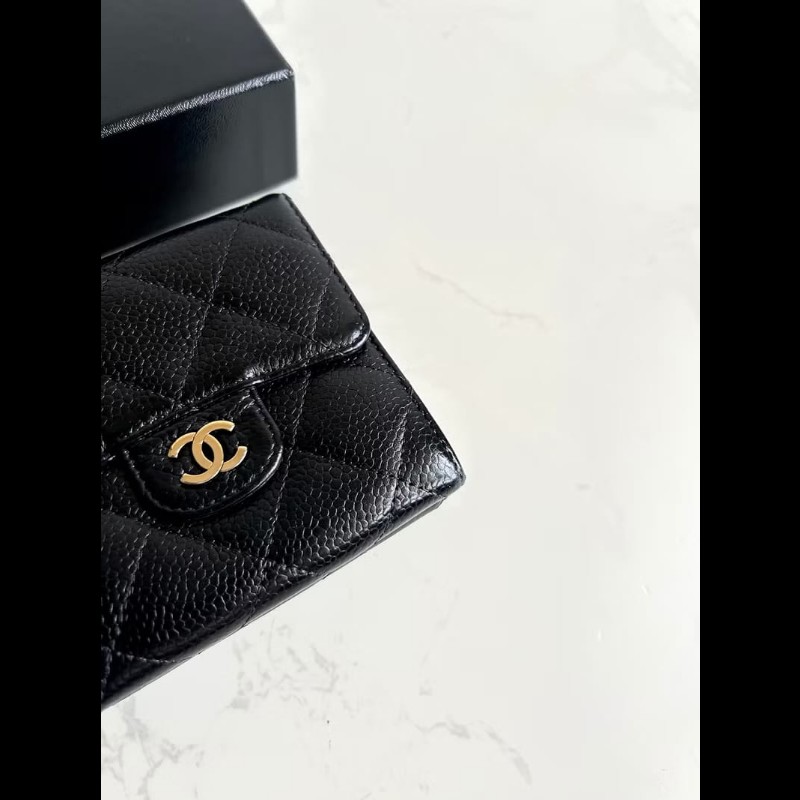 【LA LUNE】中古Chanel雙面黑金色魚子醬皮革短夾 皮夾 錢包 中夾 二手古董包-3