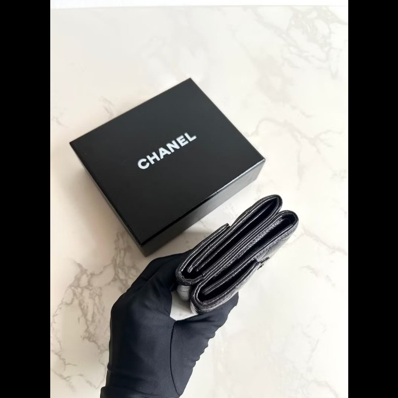 【LA LUNE】中古Chanel雙面黑金色魚子醬皮革短夾 皮夾 錢包 中夾 二手古董包-4