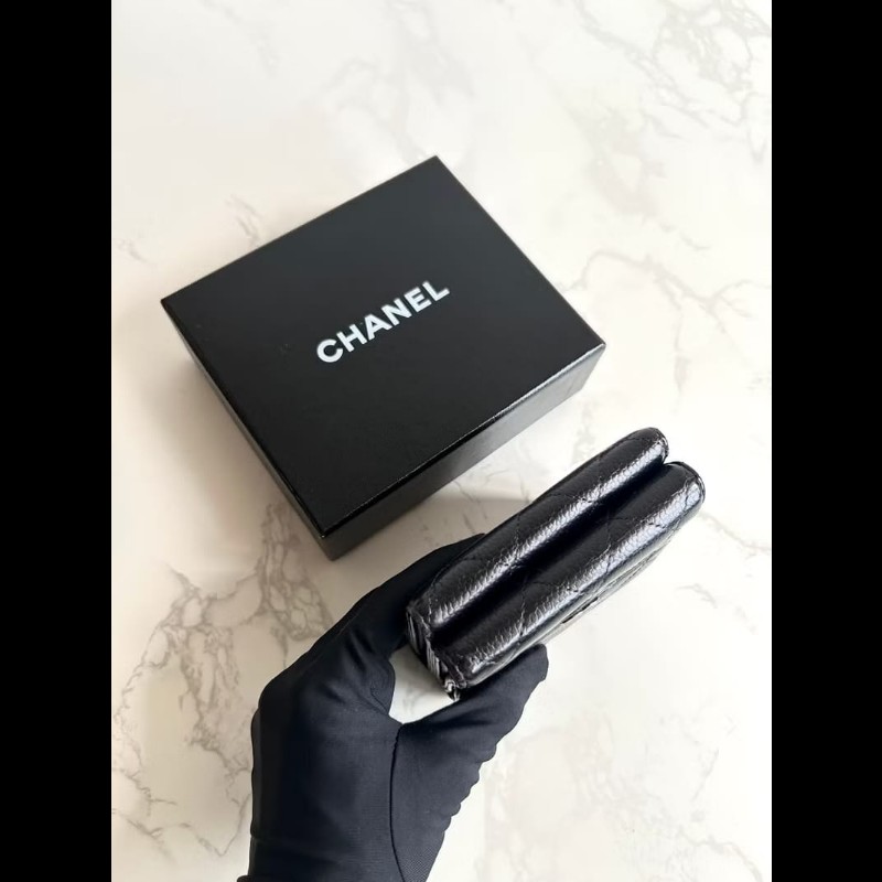 【LA LUNE】中古Chanel雙面黑金色魚子醬皮革短夾 皮夾 錢包 中夾 二手古董包-5