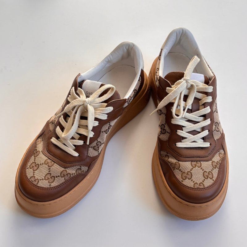 ::GUCCI:: 焦糖色皮革 GG緹花 綁帶休閒鞋 板鞋 餅乾鞋 8.5號-1