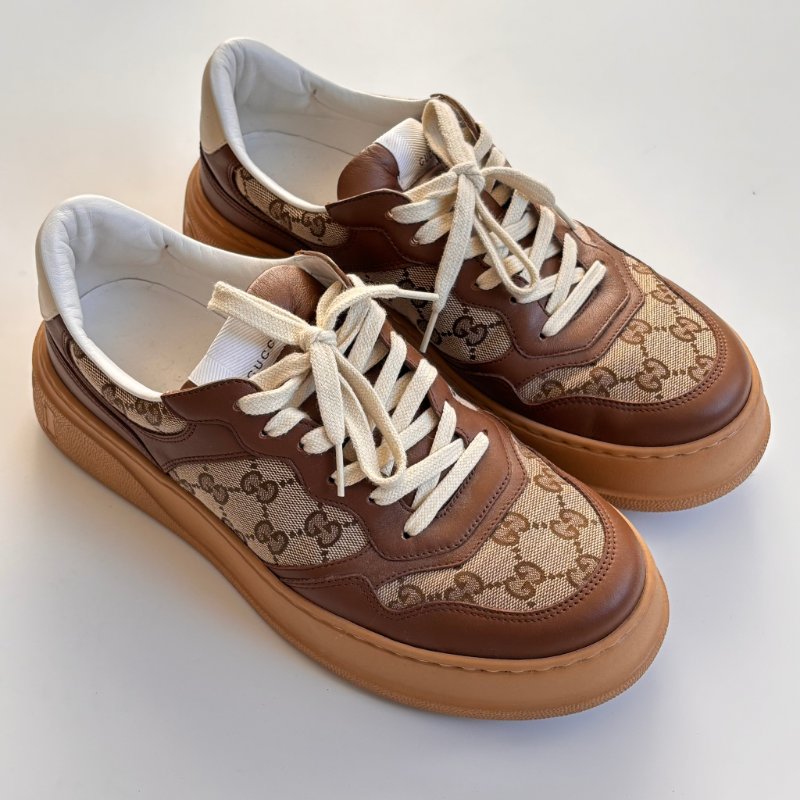 ::GUCCI:: 焦糖色皮革 GG緹花 綁帶休閒鞋 板鞋 餅乾鞋 8.5號-2