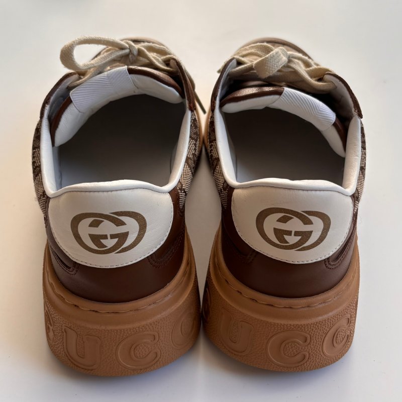 ::GUCCI:: 焦糖色皮革 GG緹花 綁帶休閒鞋 板鞋 餅乾鞋 8.5號-4
