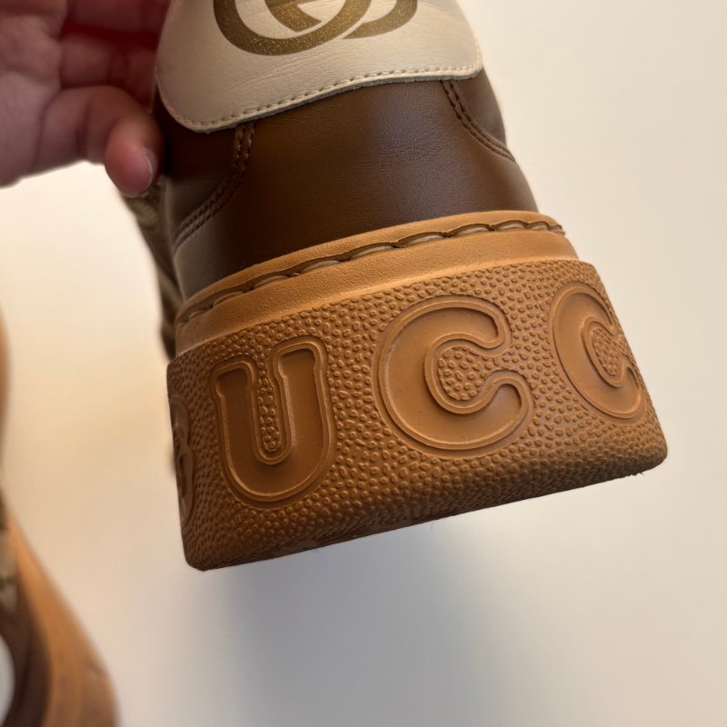 ::GUCCI:: 焦糖色皮革 GG緹花 綁帶休閒鞋 板鞋 餅乾鞋 8.5號-8