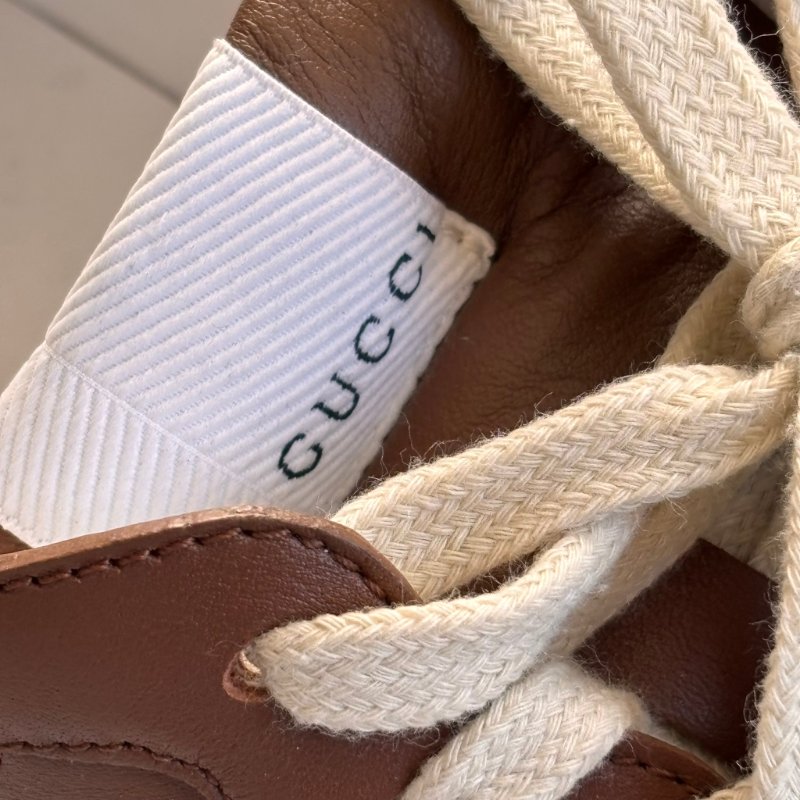 ::GUCCI:: 焦糖色皮革 GG緹花 綁帶休閒鞋 板鞋 餅乾鞋 8.5號-13