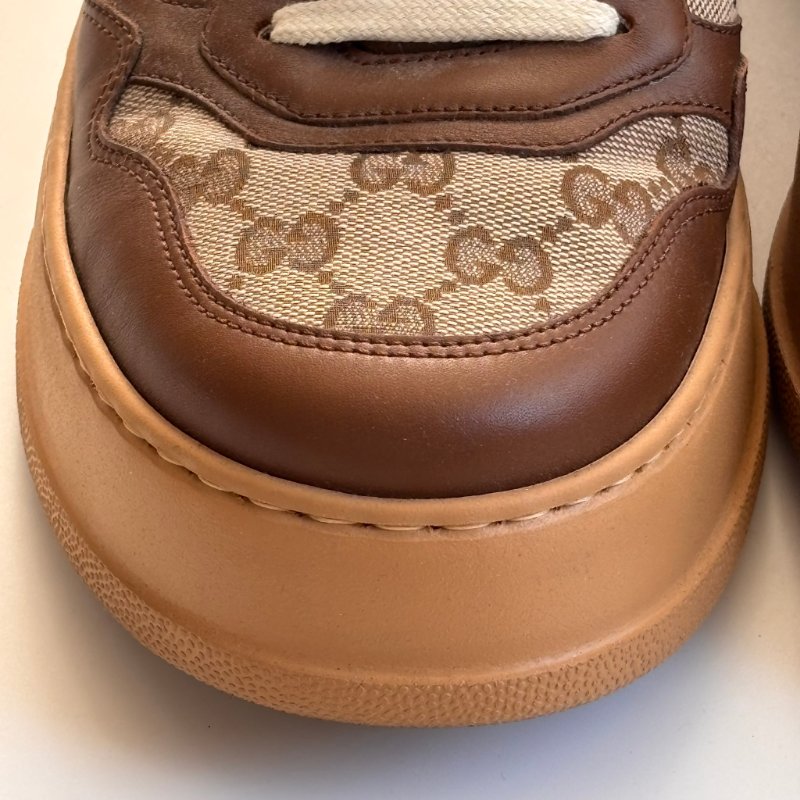 ::GUCCI:: 焦糖色皮革 GG緹花 綁帶休閒鞋 板鞋 餅乾鞋 8.5號-16