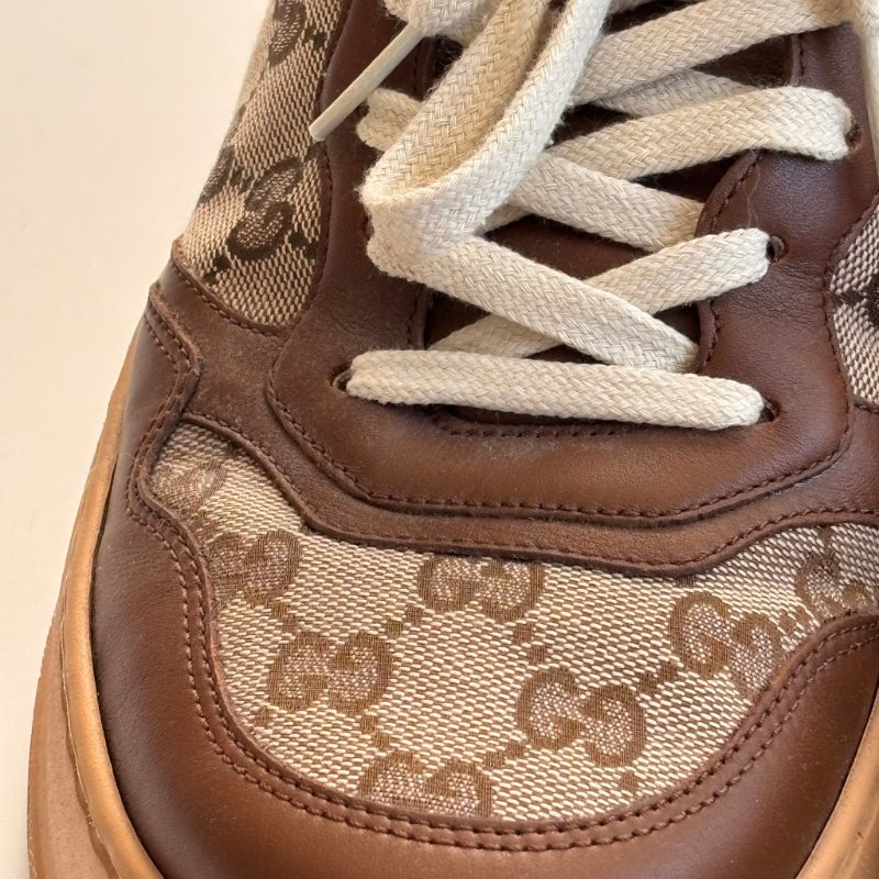 ::GUCCI:: 焦糖色皮革 GG緹花 綁帶休閒鞋 板鞋 餅乾鞋 8.5號-18