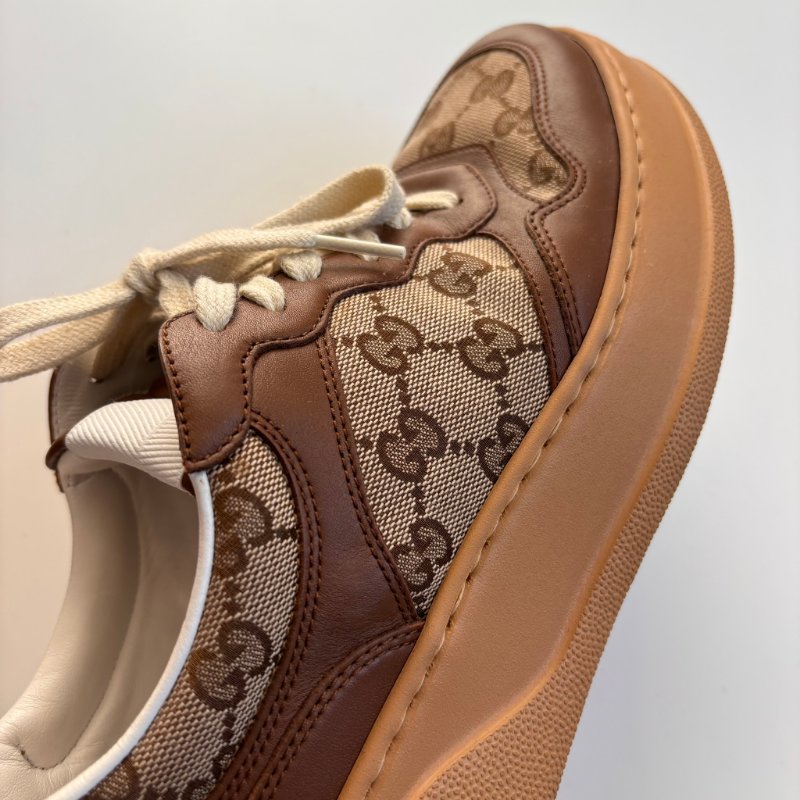 ::GUCCI:: 焦糖色皮革 GG緹花 綁帶休閒鞋 板鞋 餅乾鞋 8.5號-22