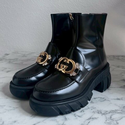 Gucci 黑色金雙G小鑽質感低筒靴
