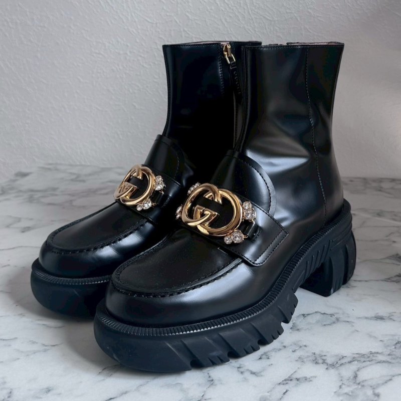 Gucci 黑色金雙G小鑽質感低筒靴-0
