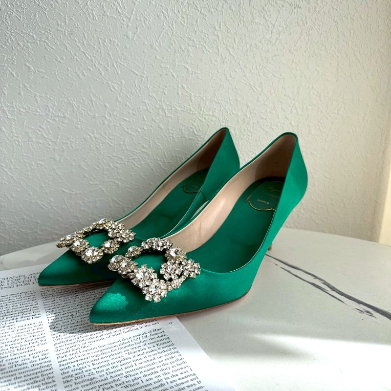 RV 翡翠綠緞面方鑽高根鞋-0