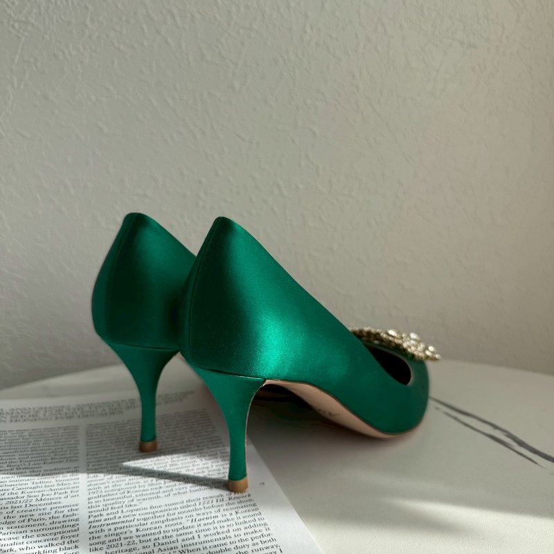 RV 翡翠綠緞面方鑽高根鞋-1