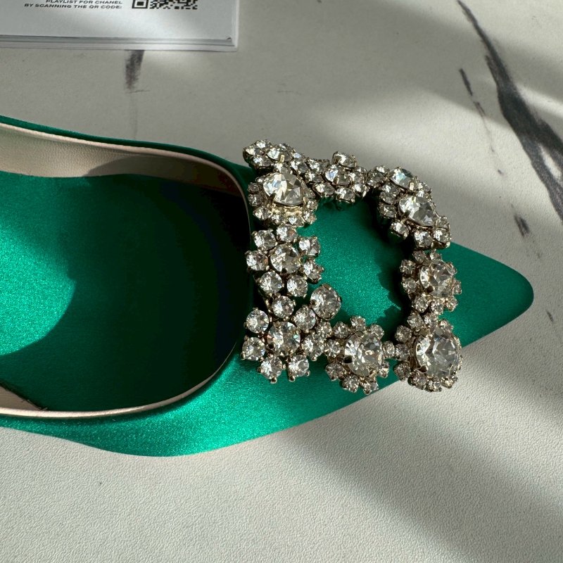 RV 翡翠綠緞面方鑽高根鞋-2