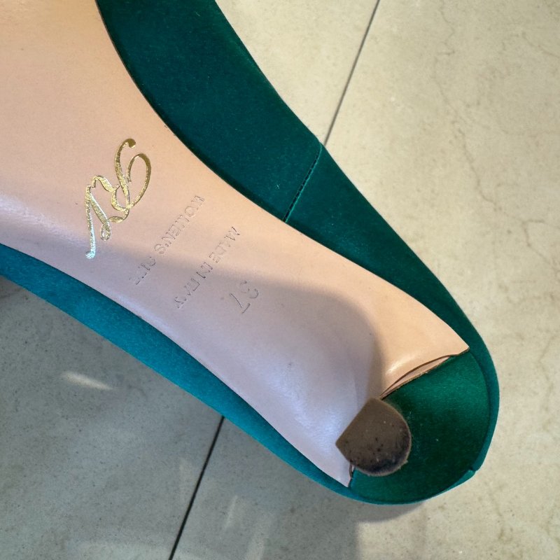 RV 翡翠綠緞面方鑽高根鞋-3