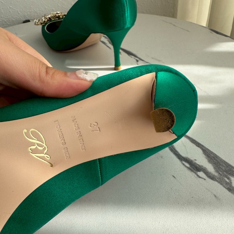 RV 翡翠綠緞面方鑽高根鞋-7