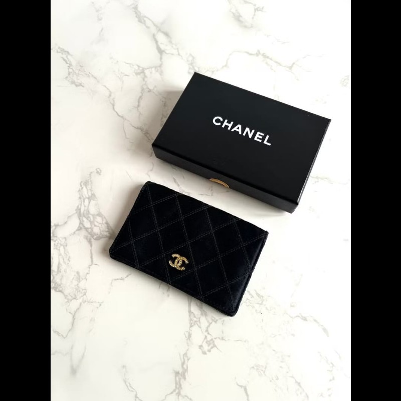 【LA LUNE】稀有Chanel 黑金色絲絹水鑽中夾 錢包 銀包 卡片包 皮革包 中古包-0