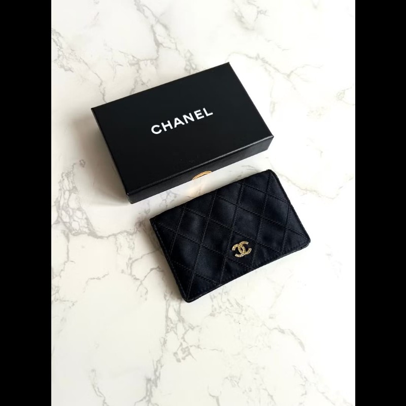 【LA LUNE】稀有Chanel 黑金色絲絹水鑽中夾 錢包 銀包 卡片包 皮革包 中古包-1