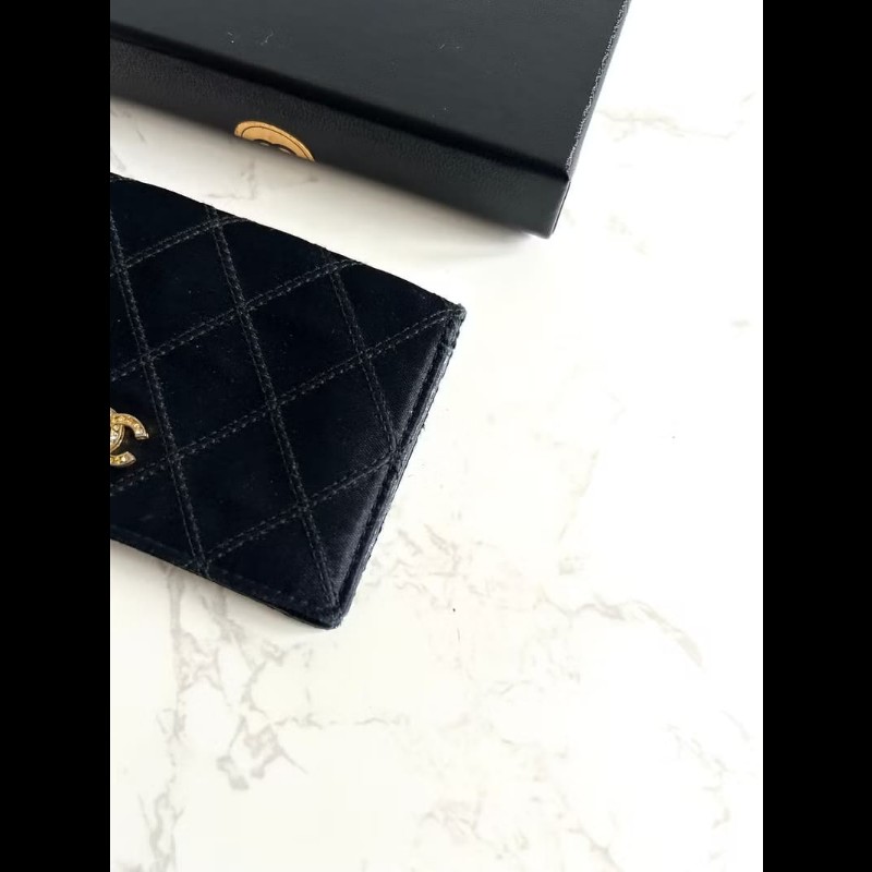 【LA LUNE】稀有Chanel 黑金色絲絹水鑽中夾 錢包 銀包 卡片包 皮革包 中古包-3