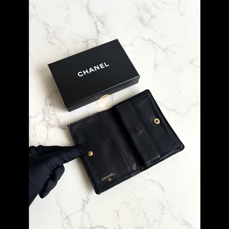【LA LUNE】稀有Chanel 黑金色絲絹水鑽中夾 錢包 銀包 卡片包 皮革包 中古包-6