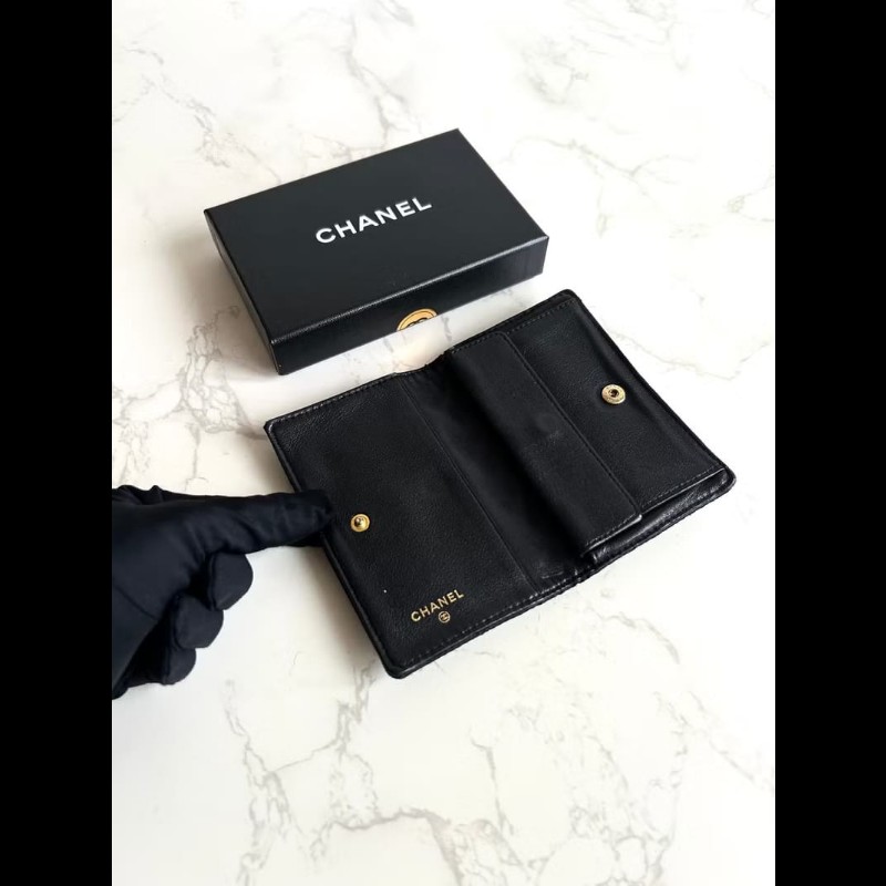 【LA LUNE】稀有Chanel 黑金色絲絹水鑽中夾 錢包 銀包 卡片包 皮革包 中古包-8