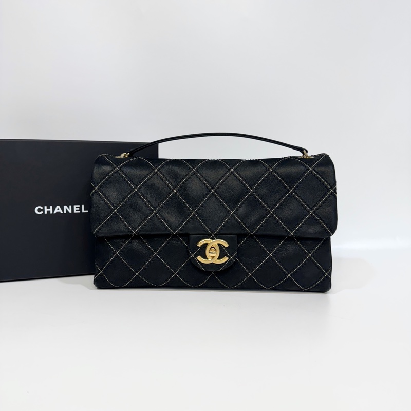 🖤香奈兒絕版CHANEL黑金牛皮粗縫線三層肩背包/A92174-3