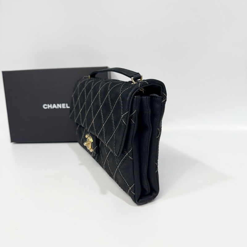 🖤香奈兒絕版CHANEL黑金牛皮粗縫線三層肩背包/A92174-4
