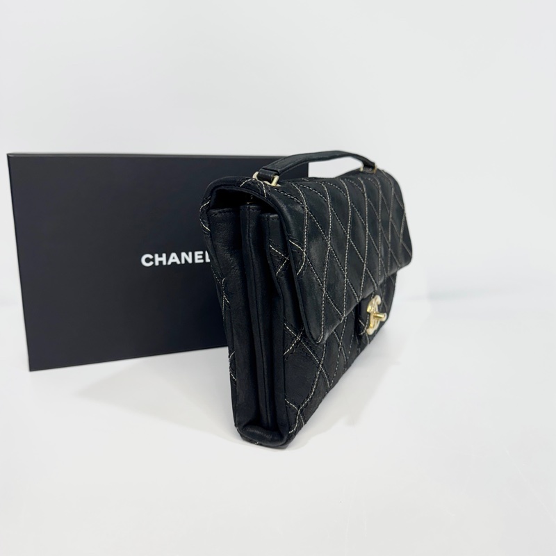 🖤香奈兒絕版CHANEL黑金牛皮粗縫線三層肩背包/A92174-5