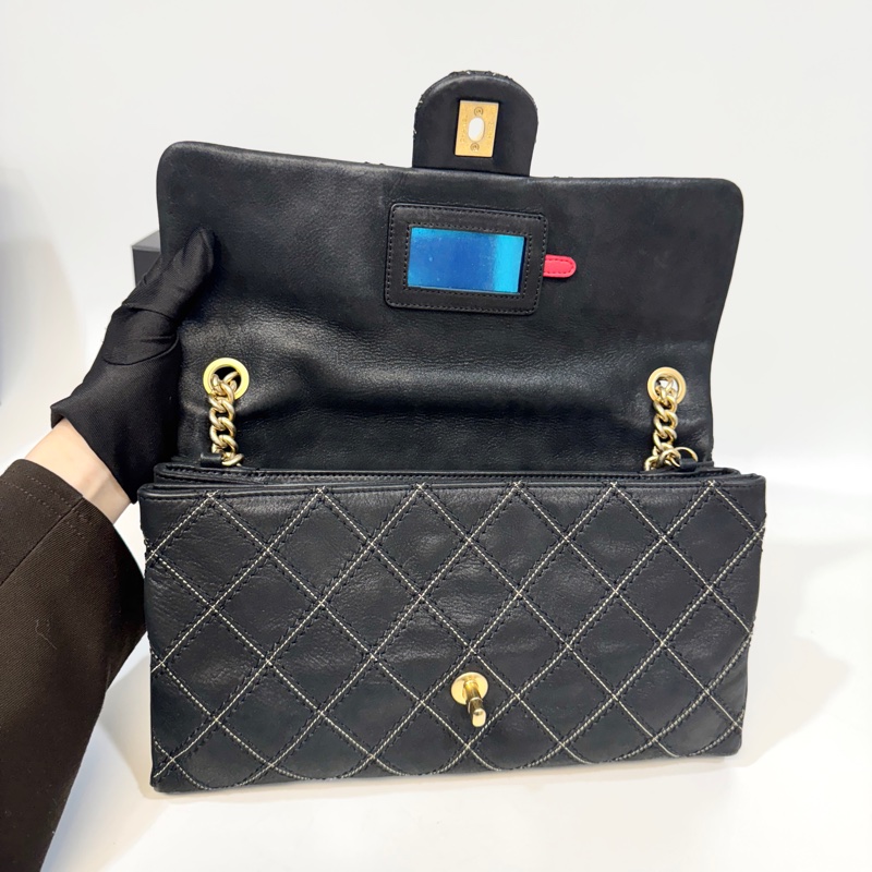 🖤香奈兒絕版CHANEL黑金牛皮粗縫線三層肩背包/A92174-8