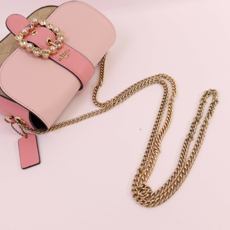 COACH 塗層帆布Chain Shoulder金扣鏈帶肩背袋-4