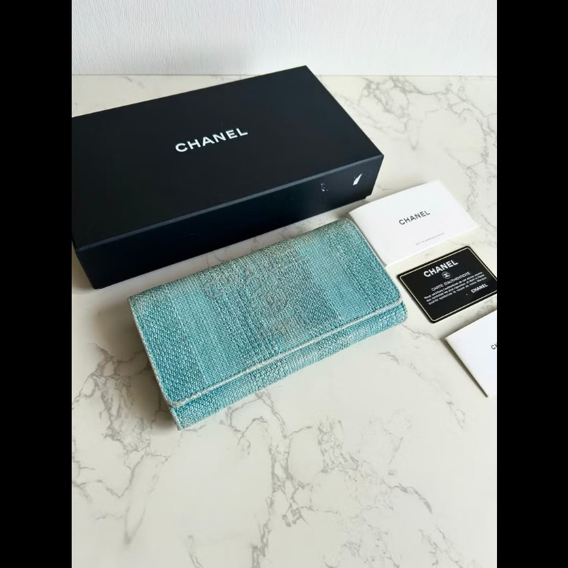 【LA LUNE】稀有中古Chanel Tweed淺牛仔藍皮夾 錢包 長夾 二手包 古董手提包-0