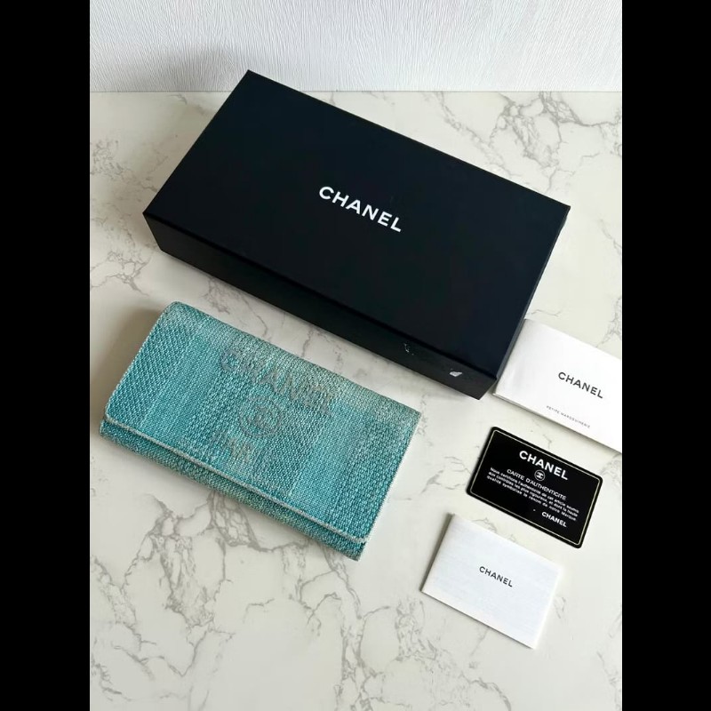 【LA LUNE】稀有中古Chanel Tweed淺牛仔藍皮夾 錢包 長夾 二手包 古董手提包-1