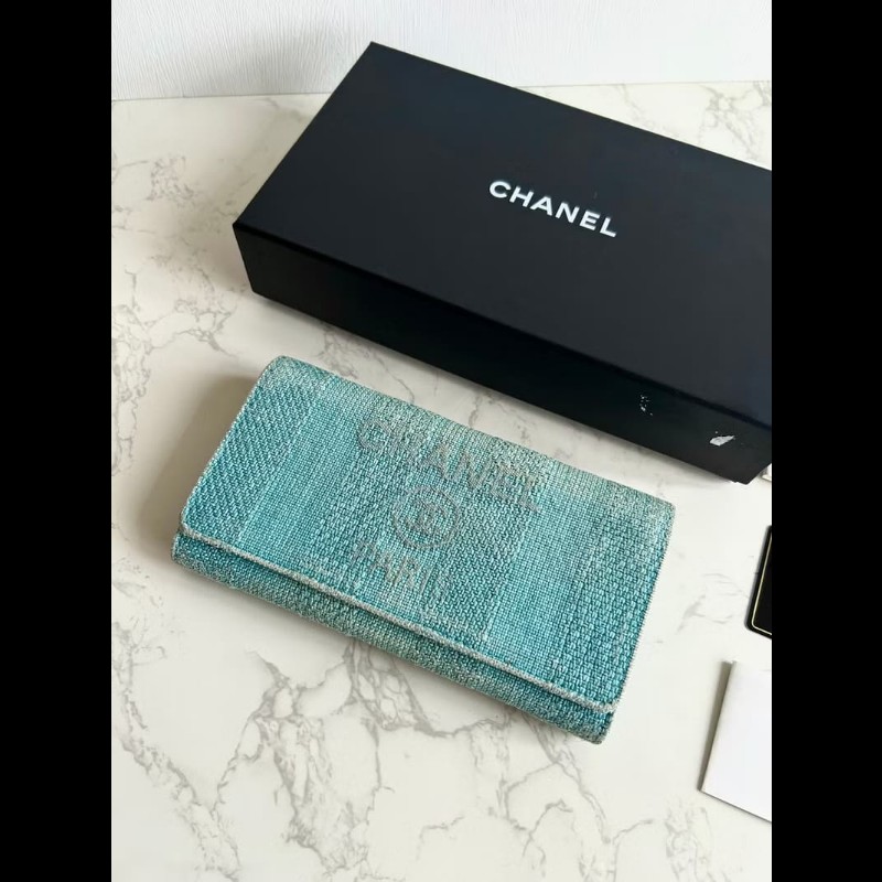 【LA LUNE】稀有中古Chanel Tweed淺牛仔藍皮夾 錢包 長夾 二手包 古董手提包-3