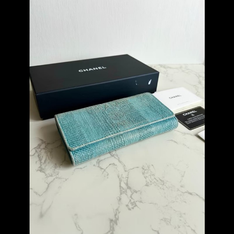 【LA LUNE】稀有中古Chanel Tweed淺牛仔藍皮夾 錢包 長夾 二手包 古董手提包-6