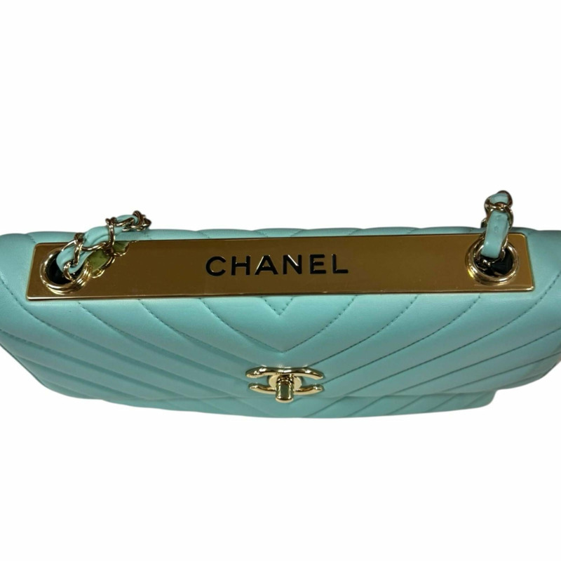 香奈兒 V 字縫線 Trendy CC 單肩包,羊皮,藍色,女士,二手,帶鏈條-9