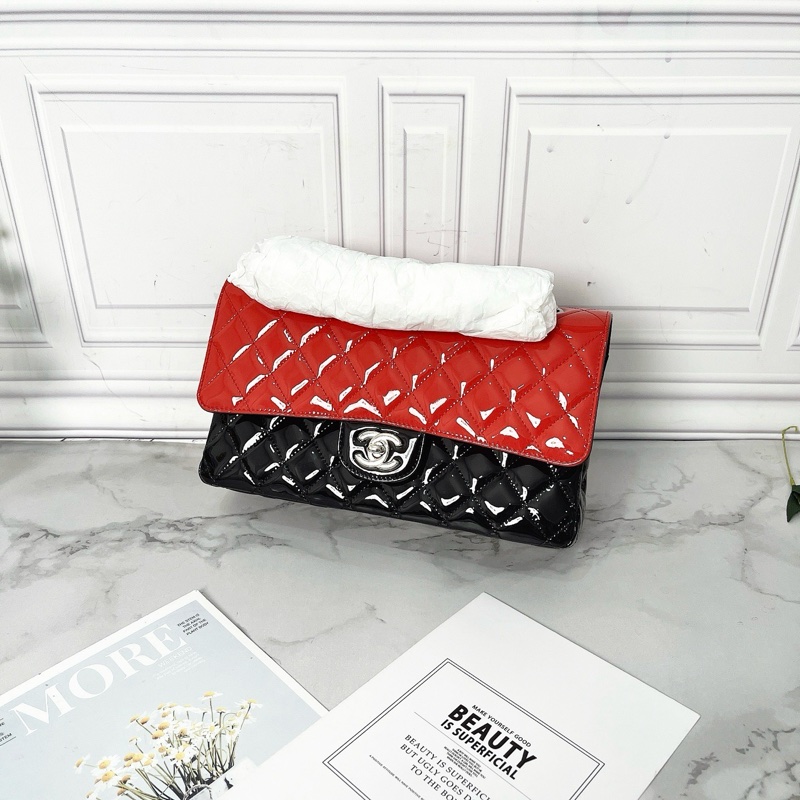 Chanel 紅黑拼色漆皮CF中號肩背包25×15×7 99新配件塵袋-1
