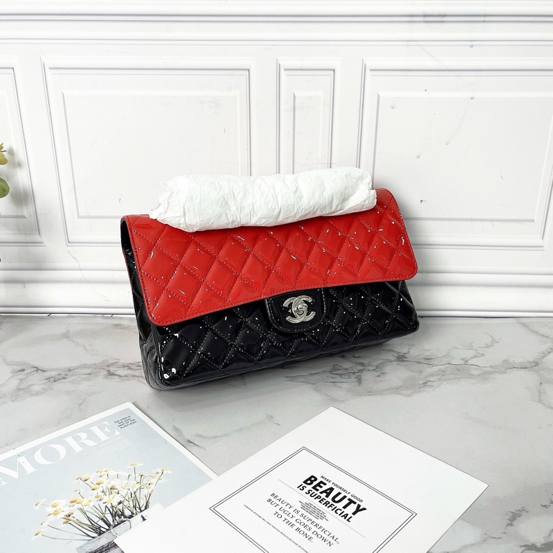 Chanel 紅黑拼色漆皮CF中號肩背包25×15×7 99新配件塵袋-3