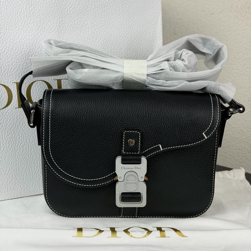 Dior迪奧 黑色馬鞍包 荔枝紋牛皮白色縫線 小號22年 尺寸約 23×18×6cm-1