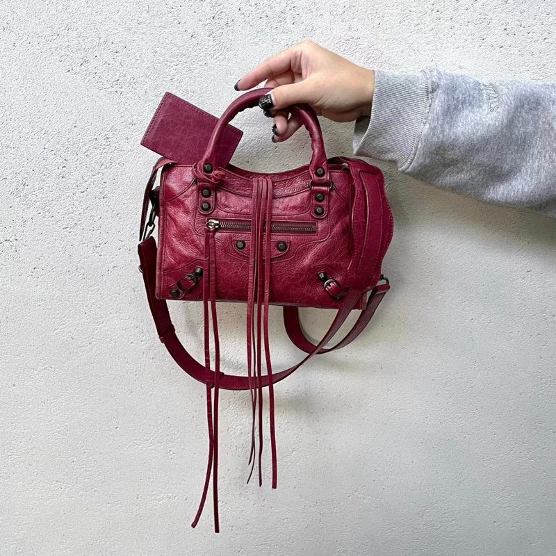 「JL精品代購」9新 Balenciaga鬚鬚流蘇機車包酒红色小號斜挎款-3