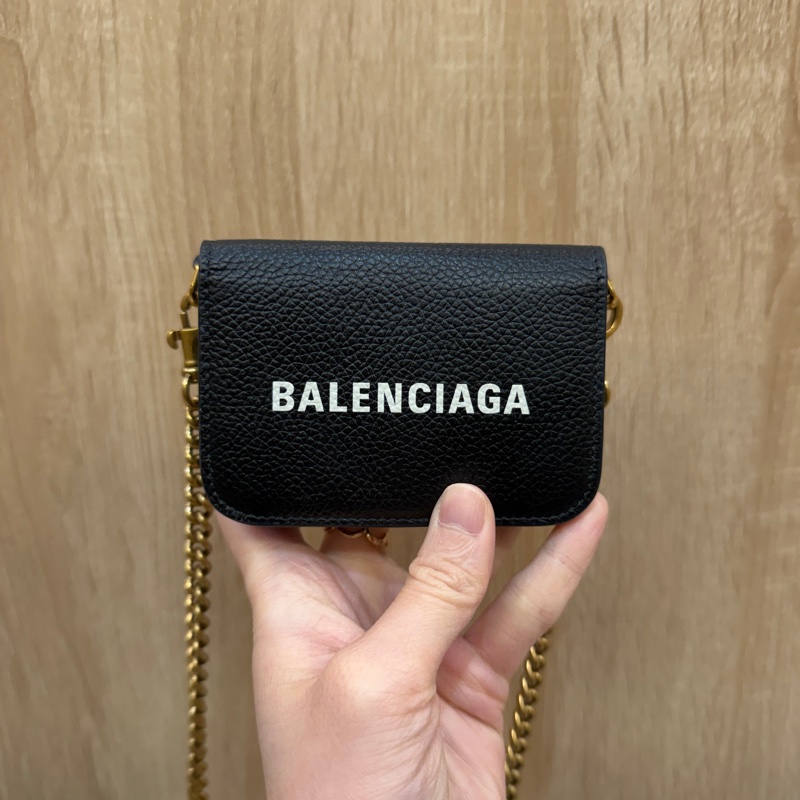 Balenciaga 黑牛皮霧金釦可以斜背三折短夾-0