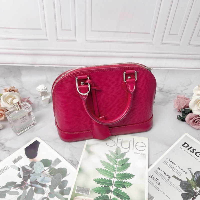 LV 玫紅色水波紋alma BB肩背斜背包17*8*12 98新配件塵袋鑰匙鎖頭-3