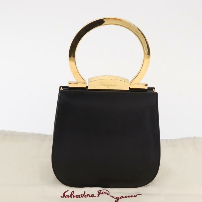 【日本直送】Salvatore Ferragamo Gancini 手提包，黑色皮革，金色，正品，貨號 159266V-11