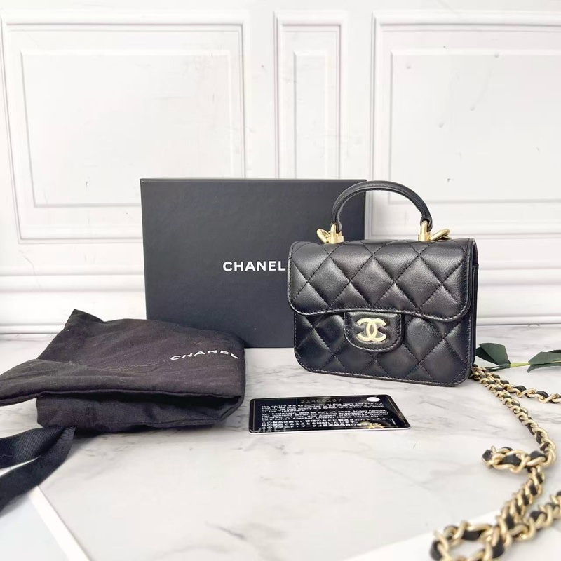 Chanel 21k黑色羊皮金扣手柄鏈條mini小廢包12.5×9.5×3.5 99新配件塵袋保卡盒子-1